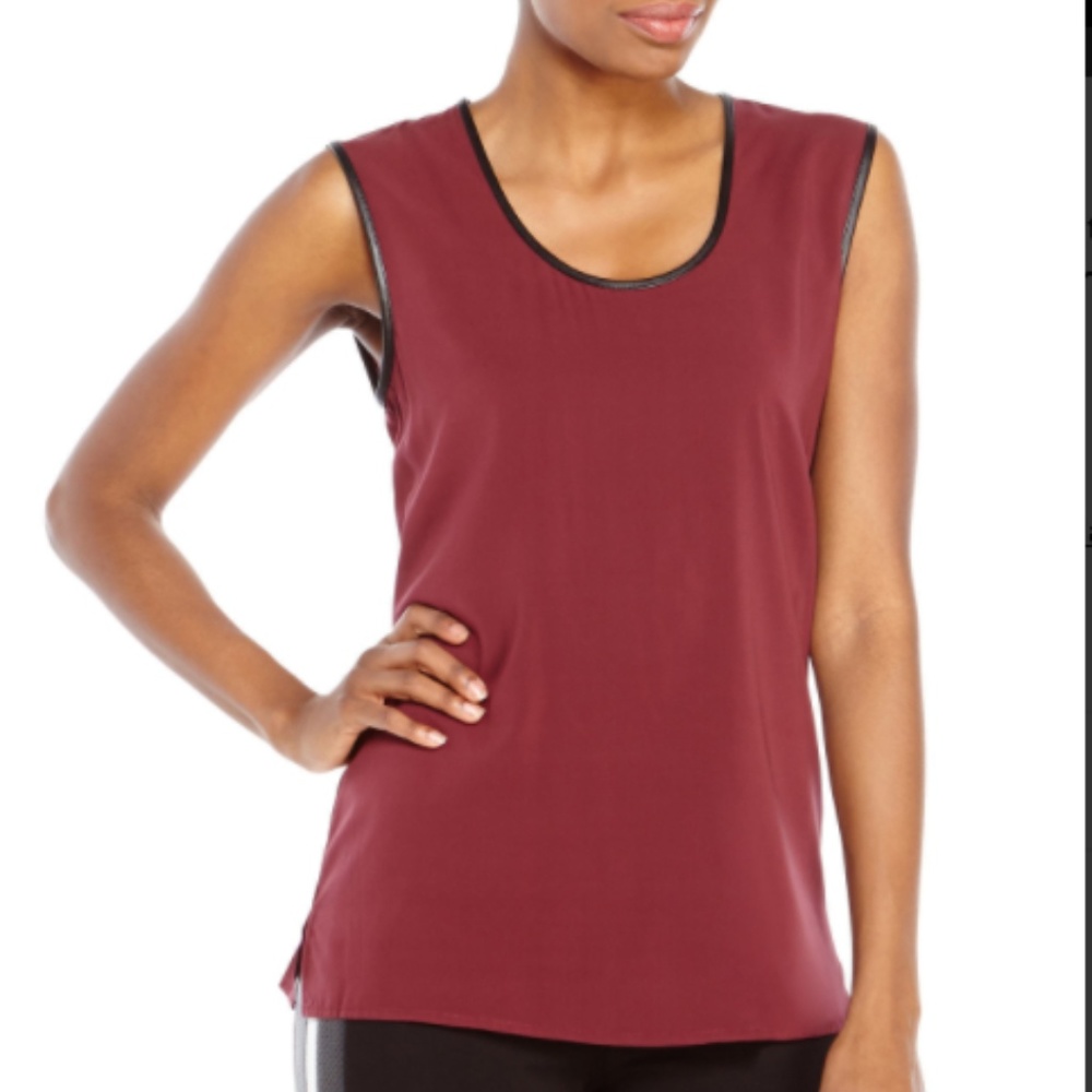 Andrew Marc Burgundy Leather Trim Silk Blouse